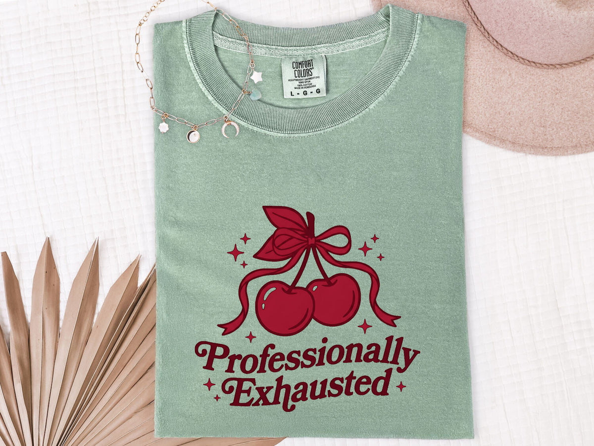 Professionally Exhausted Shirt Funny Tired Girl Tee Cherry Bow Graphic Tee Working Woman Gift