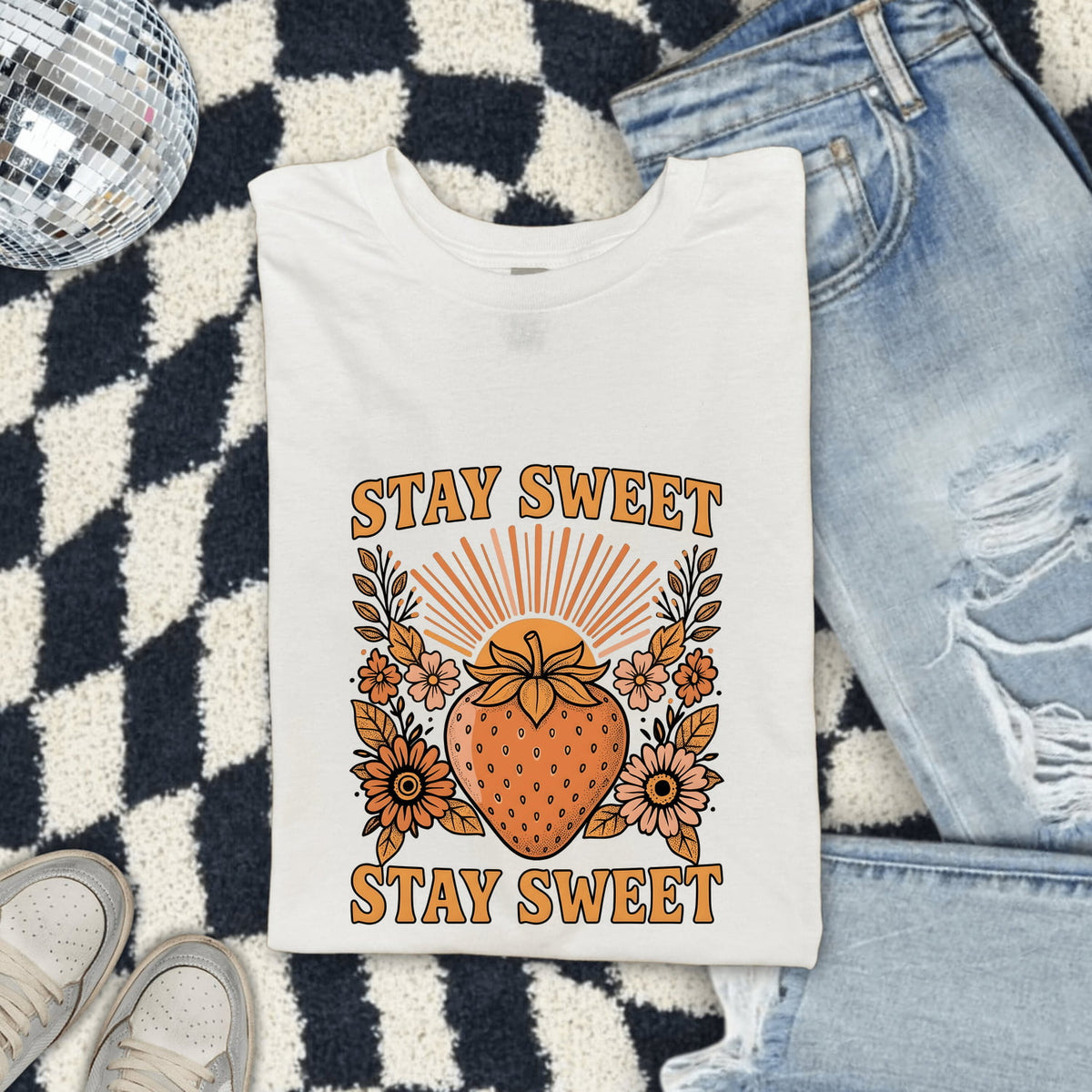 Stay Sweet Strawberry Shirt – Retro Floral Graphic Tee – Cute Summer Tee – Strawberry Lover Gift