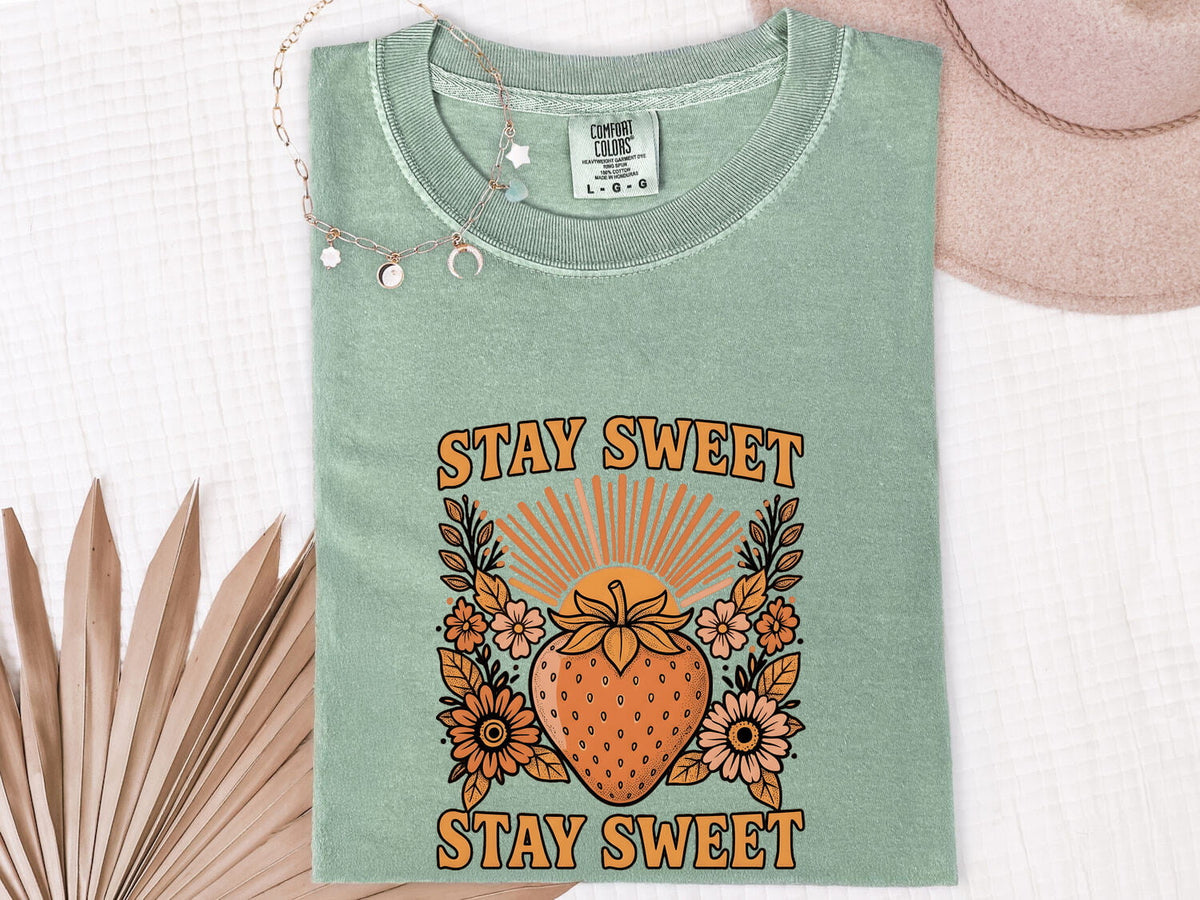 Stay Sweet Strawberry Shirt – Retro Floral Graphic Tee – Cute Summer Tee – Strawberry Lover Gift