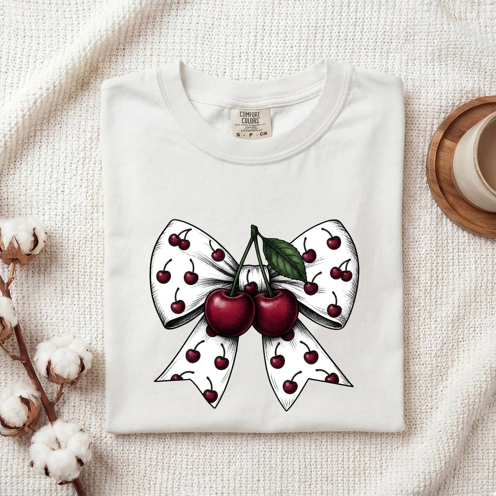 Cherry Bow Tee – Coquette Cherry Graphic Tee – Retro Girly Shirt – Gift for Her