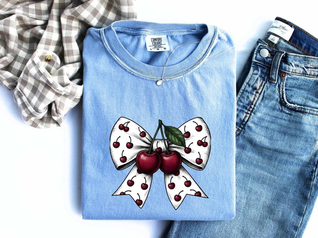 Cherry Bow Tee – Coquette Cherry Graphic Tee – Retro Girly Shirt – Gift for Her
