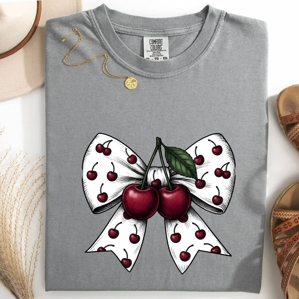 Cherry Bow Tee – Coquette Cherry Graphic Tee – Retro Girly Shirt – Gift for Her