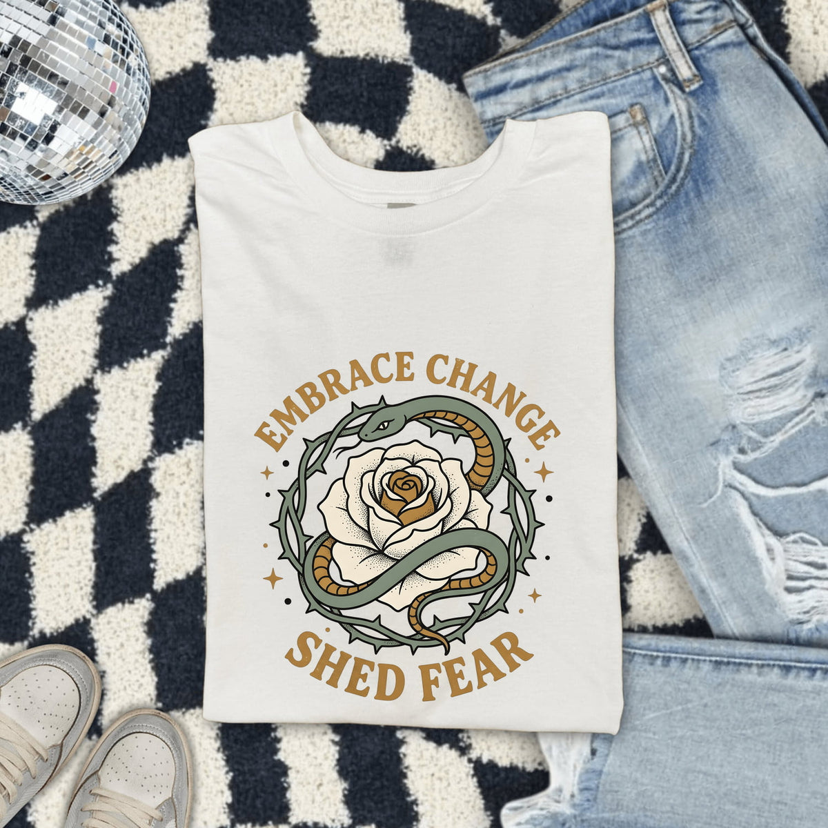 Embrace Change Shed Fear Tee – Snake & Rose Graphic Tee – Inspirational Shirt