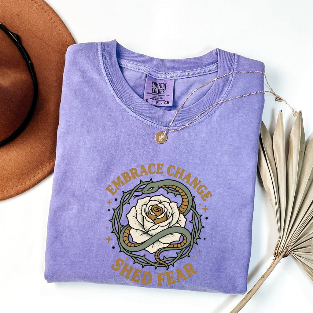 Embrace Change Shed Fear Tee – Snake & Rose Graphic Tee – Inspirational Shirt