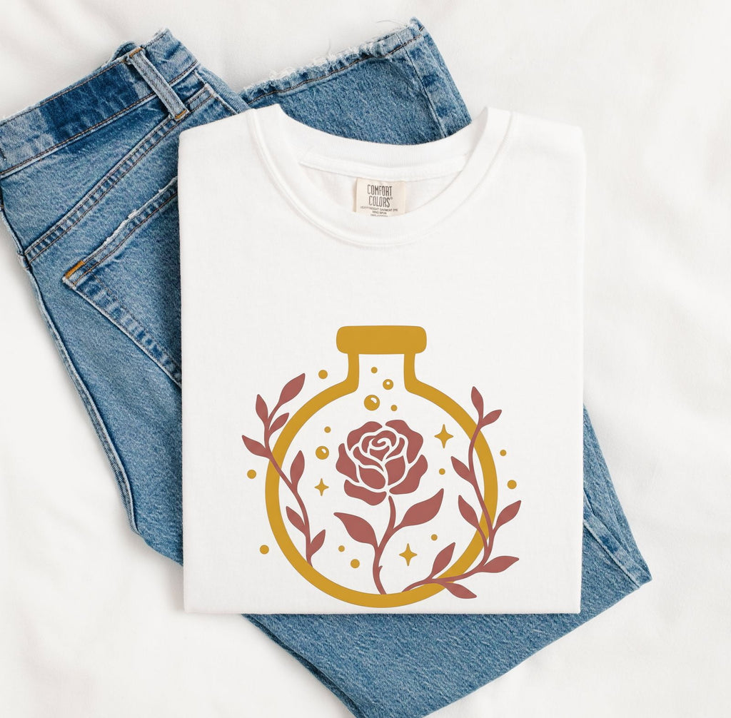 Rose Potion Tee – Vintage Apothecary Graphic Tee – Boho Floral Shirt – Botanical Gift