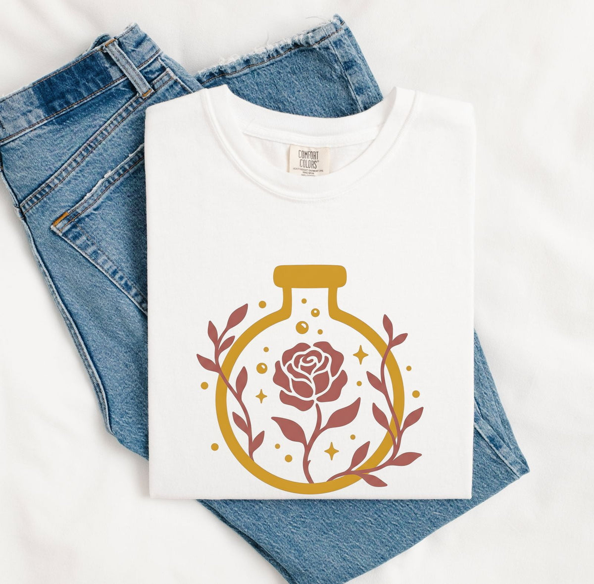 Rose Potion Tee – Vintage Apothecary Graphic Tee – Boho Floral Shirt – Botanical Gift