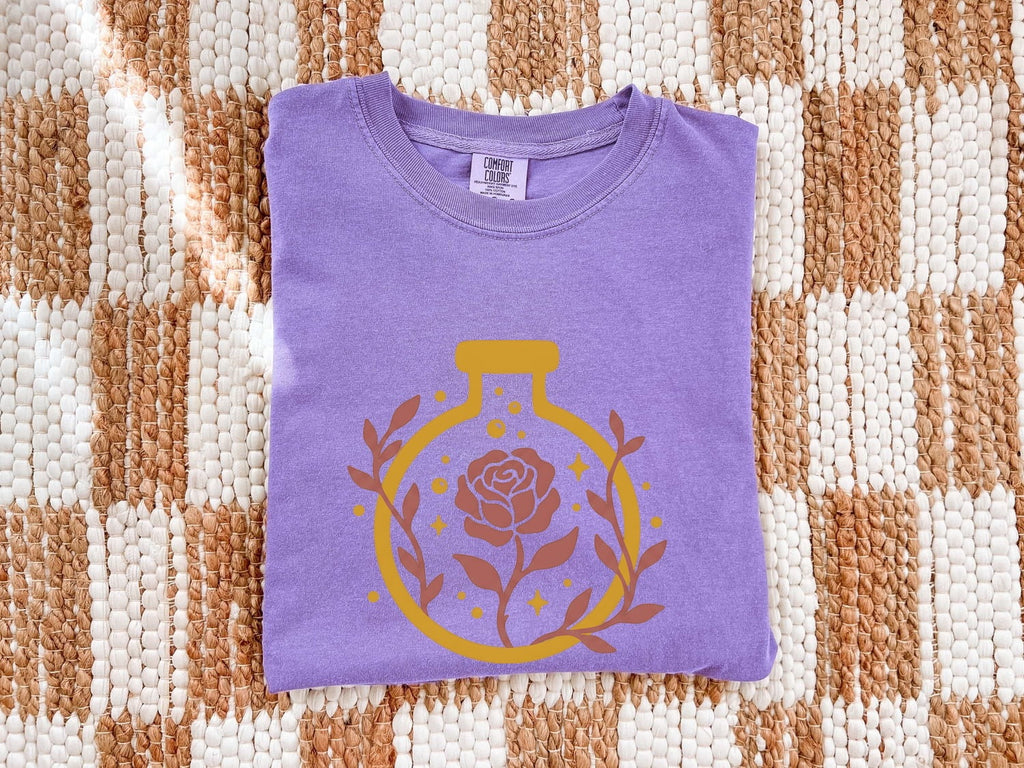 Rose Potion Tee – Vintage Apothecary Graphic Tee – Boho Floral Shirt – Botanical Gift