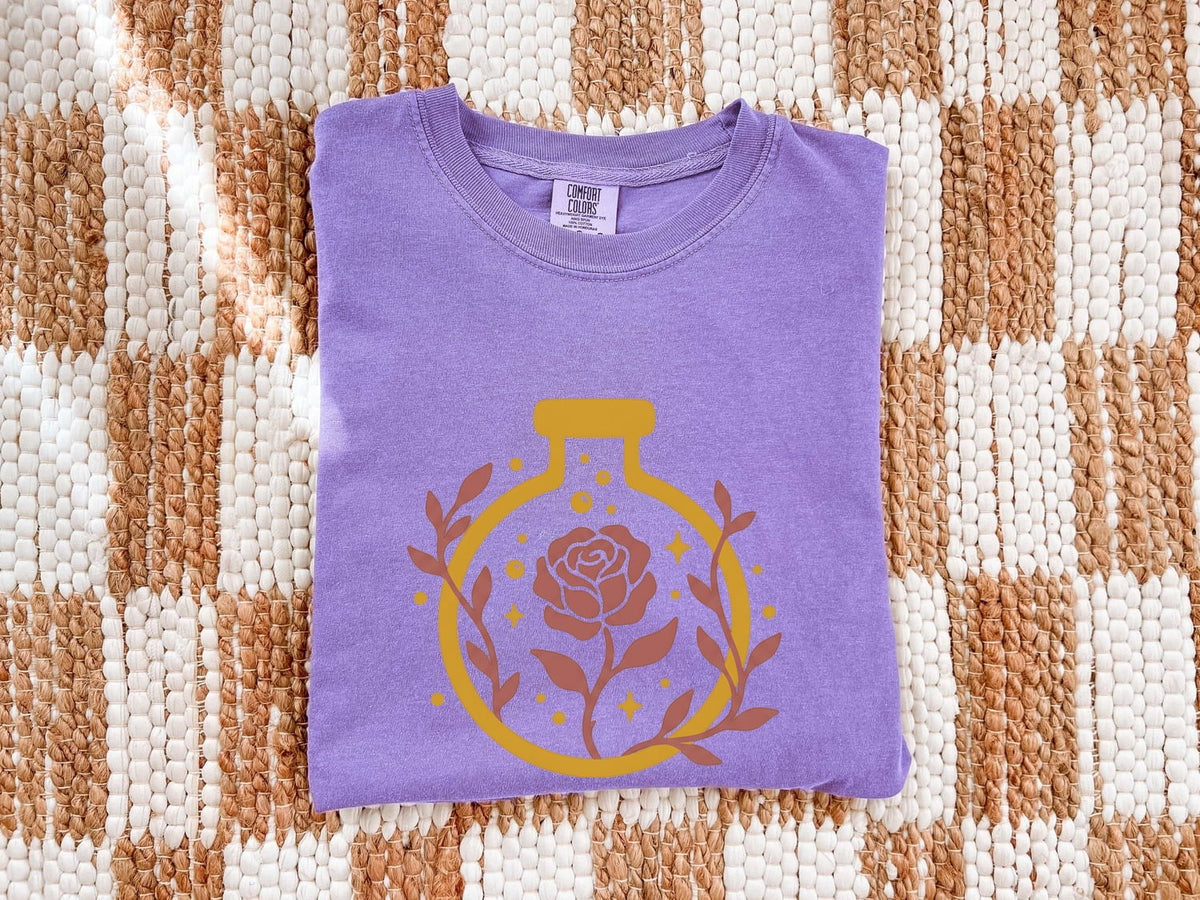 Rose Potion Tee – Vintage Apothecary Graphic Tee – Boho Floral Shirt – Botanical Gift