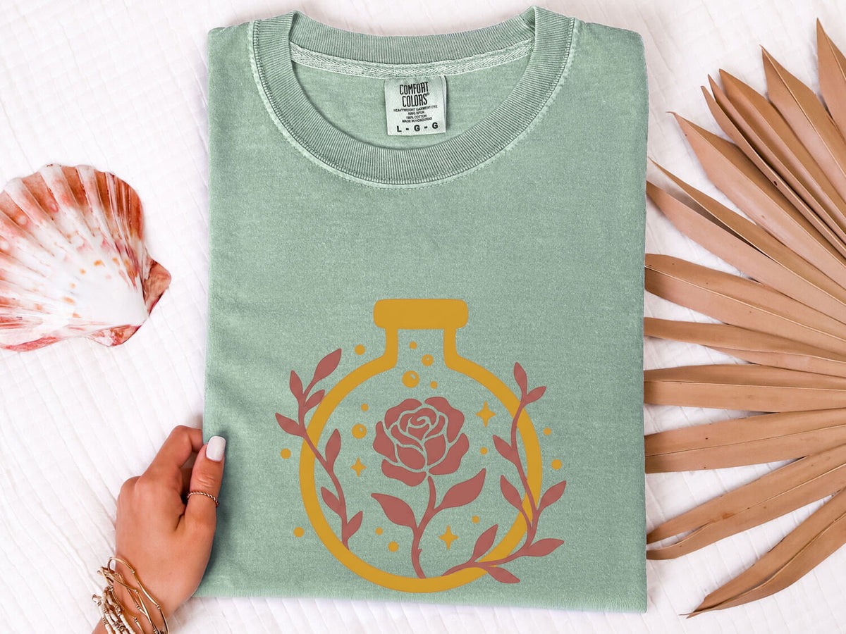 Rose Potion Tee – Vintage Apothecary Graphic Tee – Boho Floral Shirt – Botanical Gift