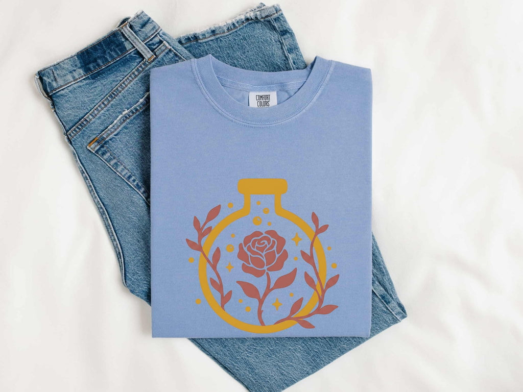 Rose Potion Tee – Vintage Apothecary Graphic Tee – Boho Floral Shirt – Botanical Gift
