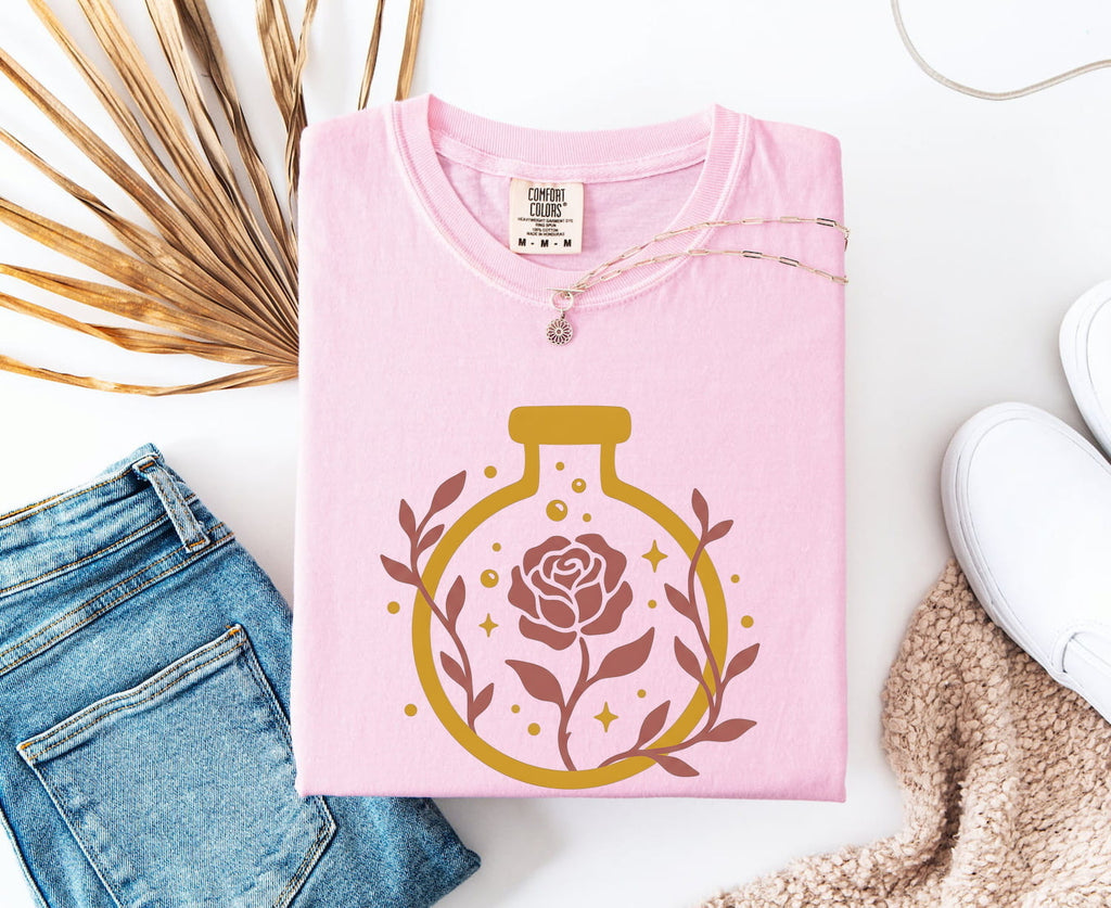 Rose Potion Tee – Vintage Apothecary Graphic Tee – Boho Floral Shirt – Botanical Gift