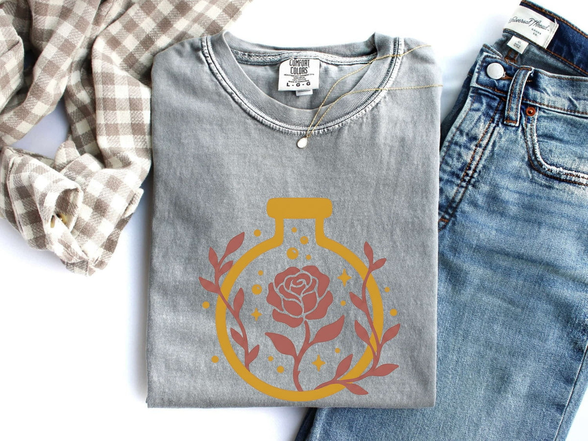 Rose Potion Tee – Vintage Apothecary Graphic Tee – Boho Floral Shirt – Botanical Gift