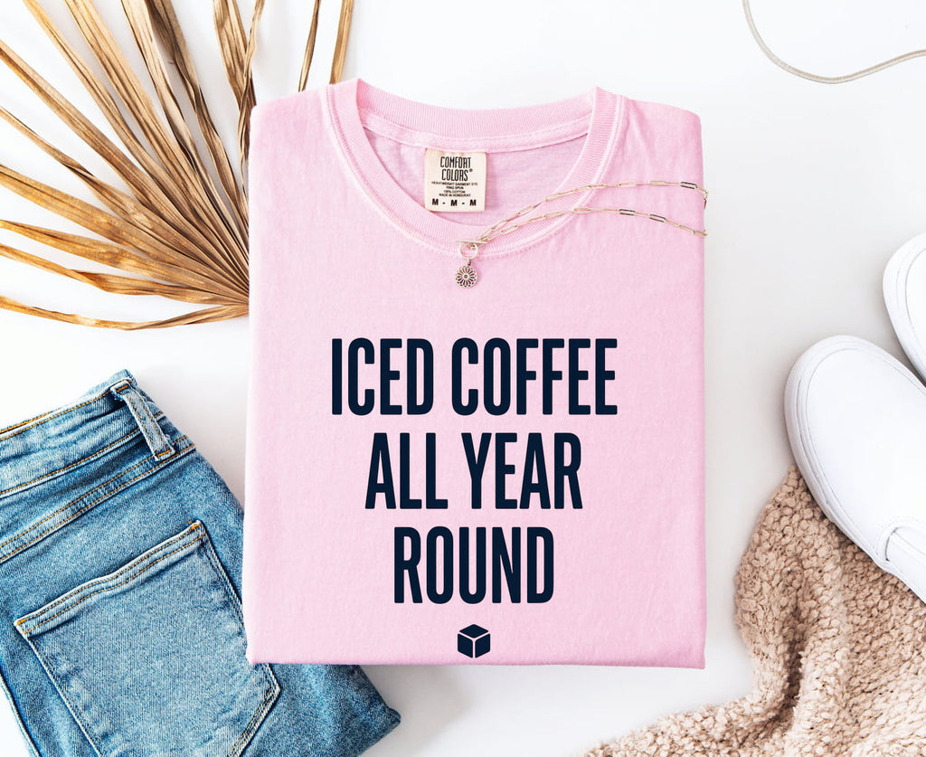 Iced Coffee All Year Round Tee – Coffee Lover Graphic Tee – Funny Caffeine Shirt – Barista Gift