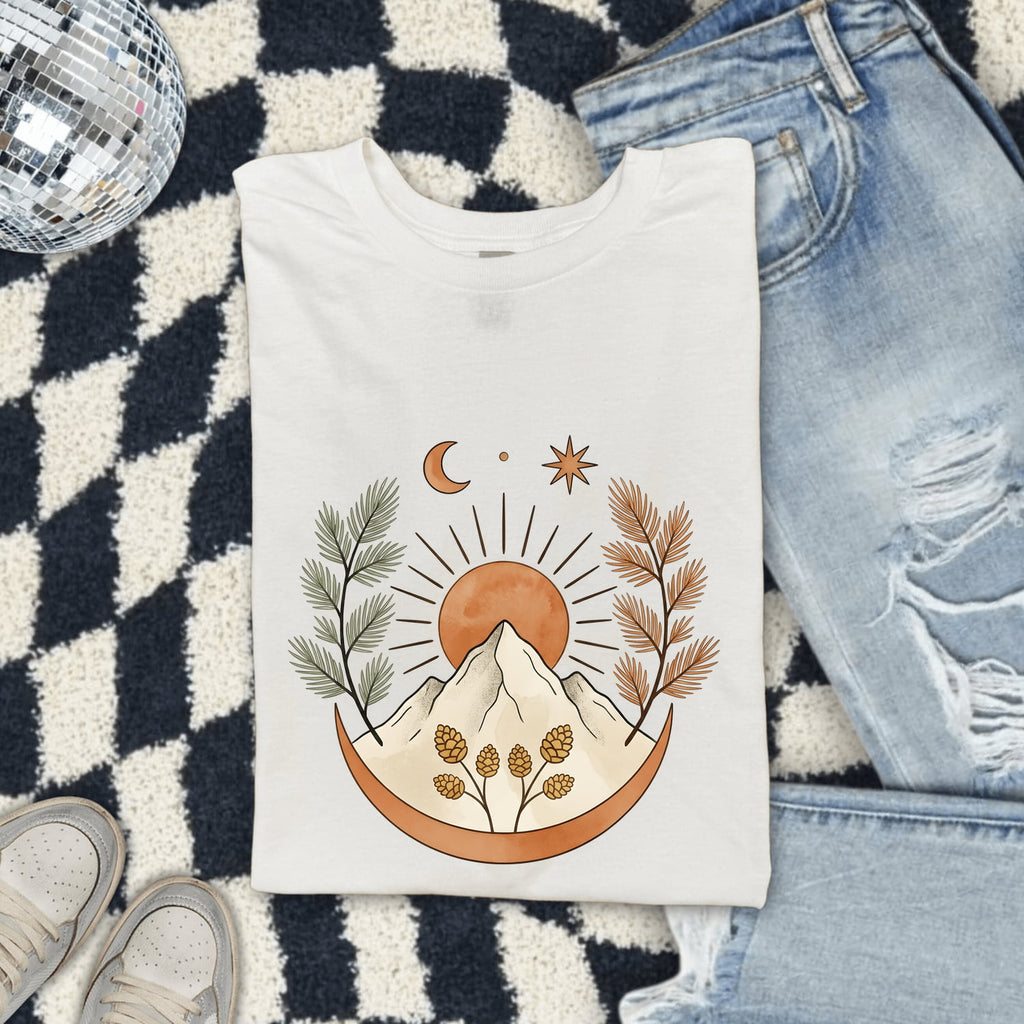 Mountain Sunrise Shirt, Nature Lover Graphic Tee, Celestial Mountain Tee