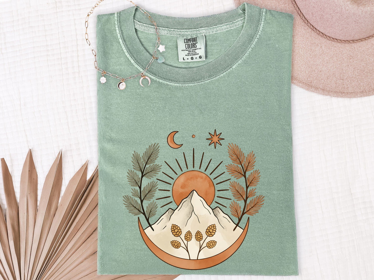 Mountain Sunrise Shirt, Nature Lover Graphic Tee, Celestial Mountain Tee