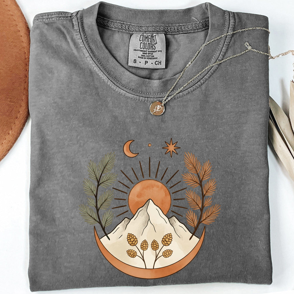 Mountain Sunrise Shirt, Nature Lover Graphic Tee, Celestial Mountain Tee