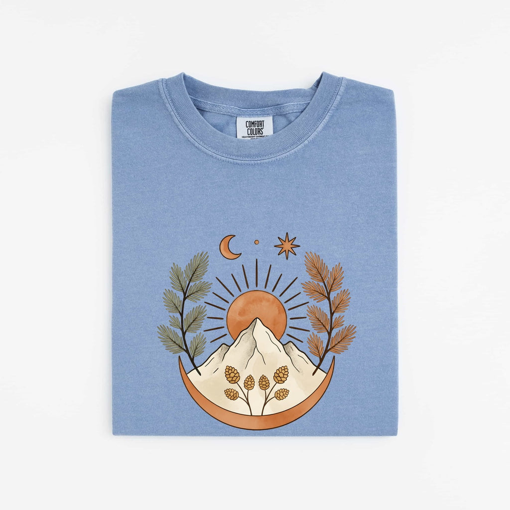 Mountain Sunrise Shirt, Nature Lover Graphic Tee, Celestial Mountain Tee