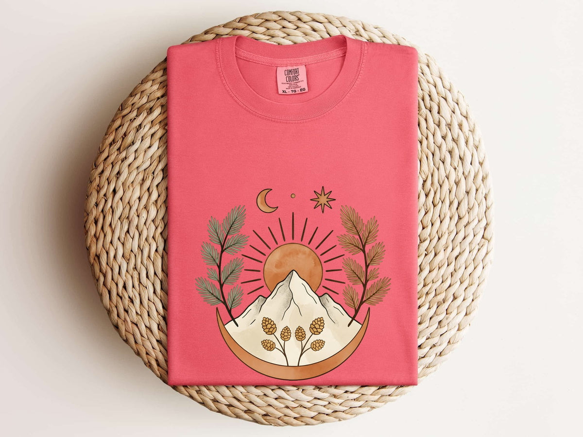 Mountain Sunrise Shirt, Nature Lover Graphic Tee, Celestial Mountain Tee