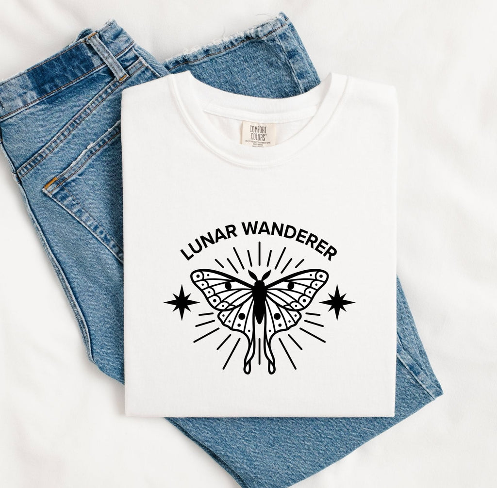 Lunar Wanderer Butterfly Shirt, Celestial Moth Tee, Boho Moon and Stars Tee