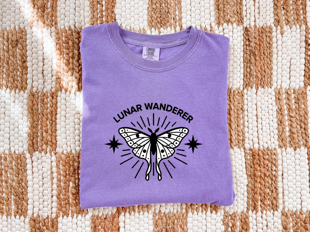 Lunar Wanderer Butterfly Shirt, Celestial Moth Tee, Boho Moon and Stars Tee