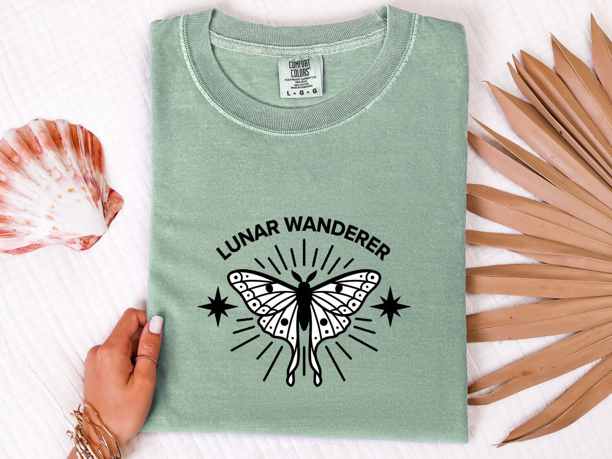 Lunar Wanderer Butterfly Shirt, Celestial Moth Tee, Boho Moon and Stars Tee