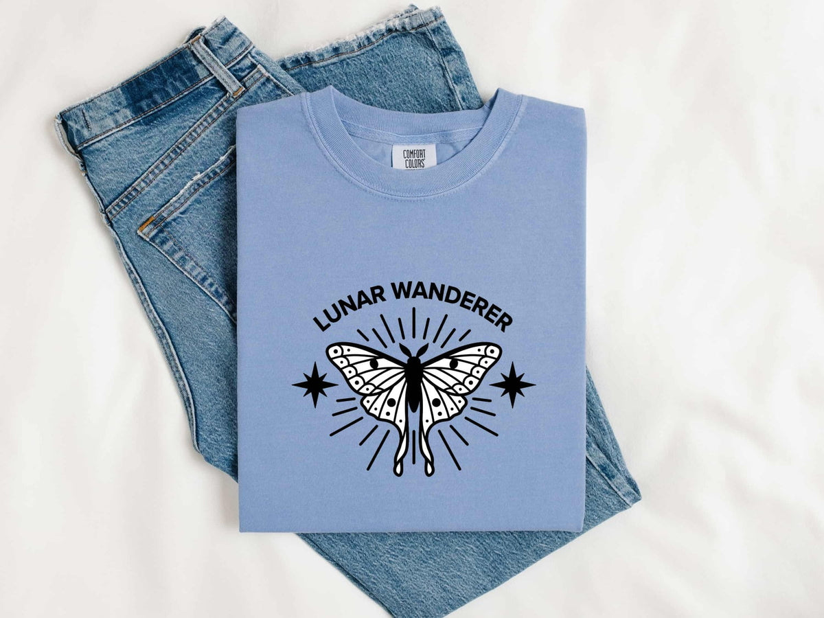 Lunar Wanderer Butterfly Shirt, Celestial Moth Tee, Boho Moon and Stars Tee