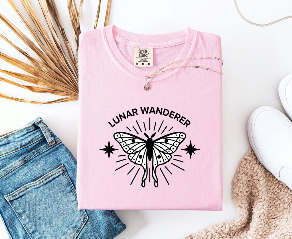 Lunar Wanderer Butterfly Shirt, Celestial Moth Tee, Boho Moon and Stars Tee