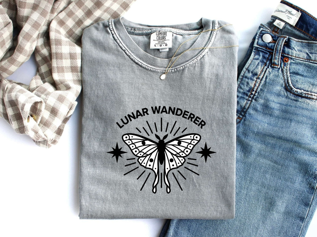 Lunar Wanderer Butterfly Shirt, Celestial Moth Tee, Boho Moon and Stars Tee