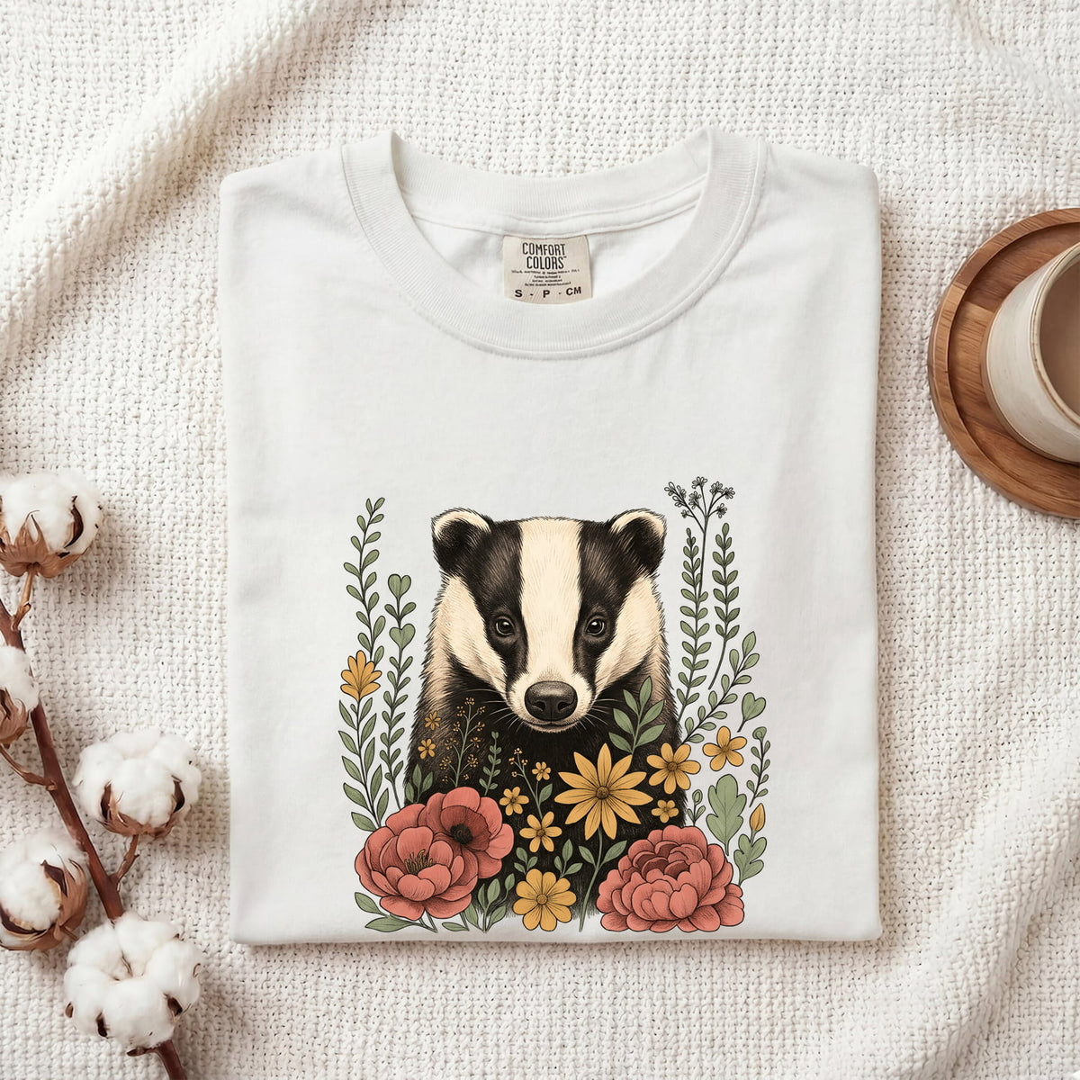 Floral Badger Shirt, Woodland Animal Tee, Cottagecore Nature Tee