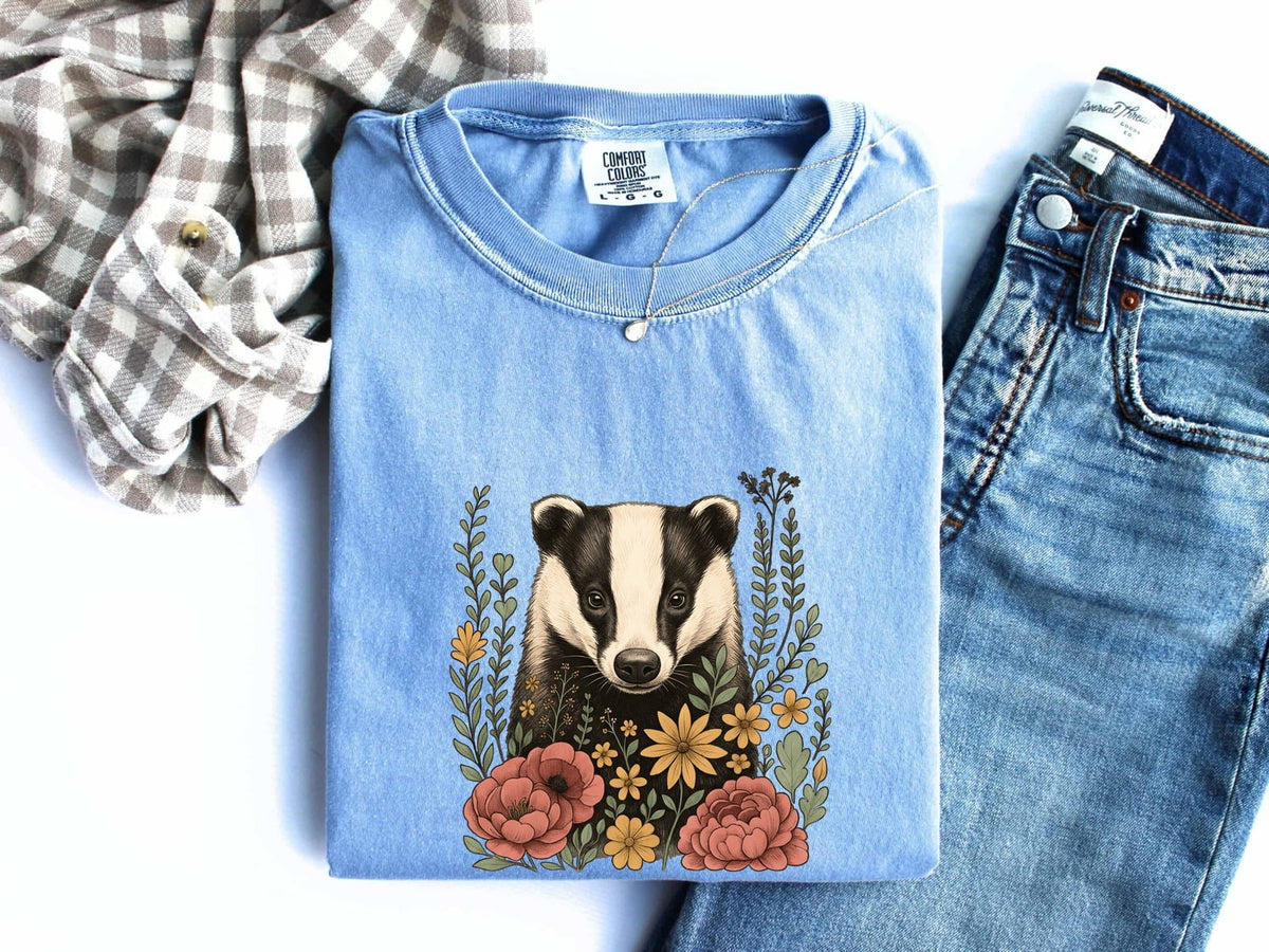 Floral Badger Shirt, Woodland Animal Tee, Cottagecore Nature Tee