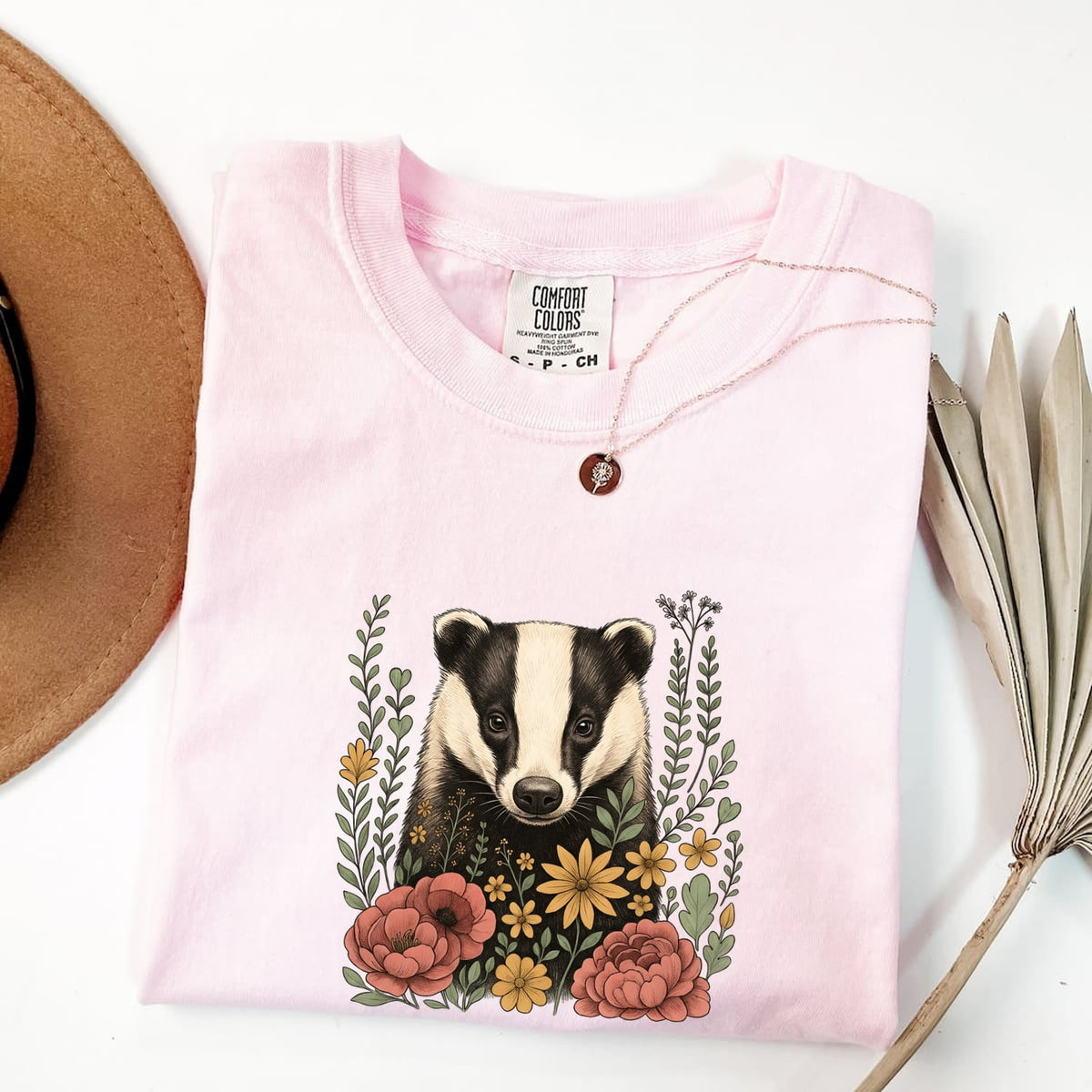 Floral Badger Shirt, Woodland Animal Tee, Cottagecore Nature Tee