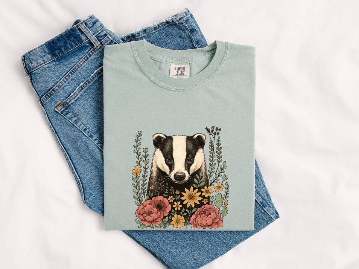 Floral Badger Shirt, Woodland Animal Tee, Cottagecore Nature Tee