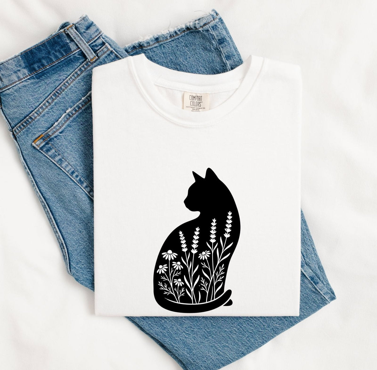 Black Cat Floral Shirt, Cat Lover Tee, Botanical Cat Tee