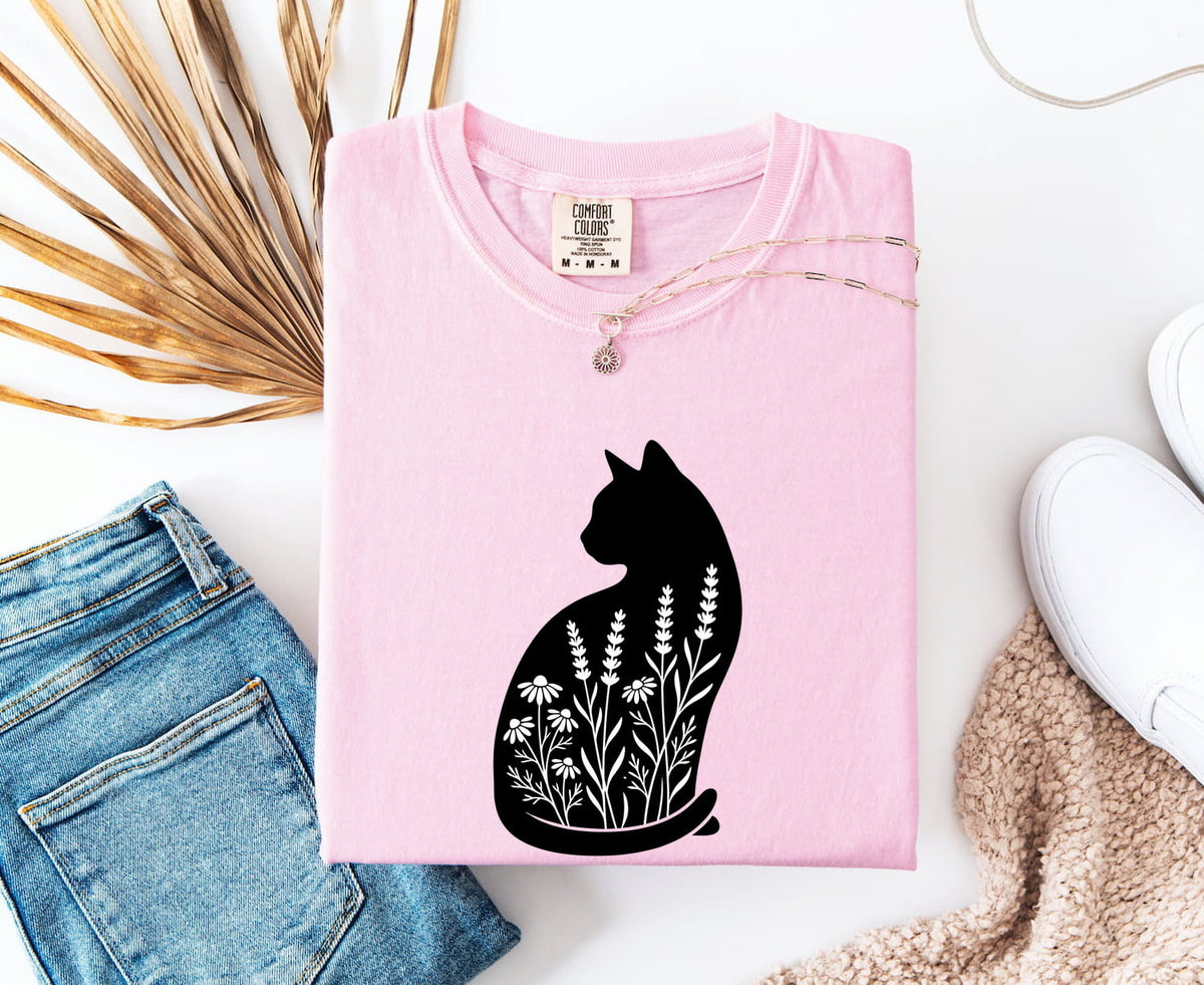 Black Cat Floral Shirt, Cat Lover Tee, Botanical Cat Tee