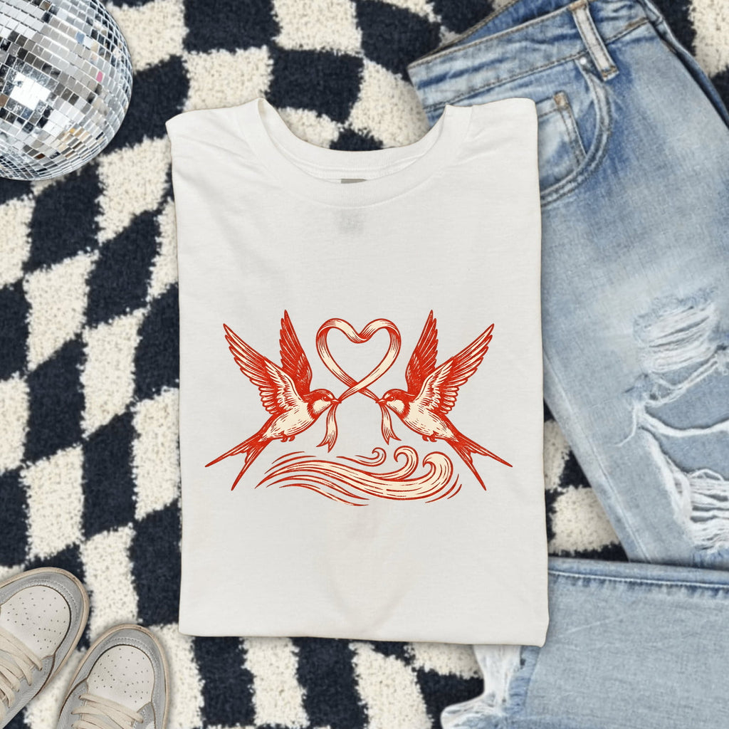 Swallow Bird Shirt, Love Birds Graphic Tee, Romantic Heart Tee