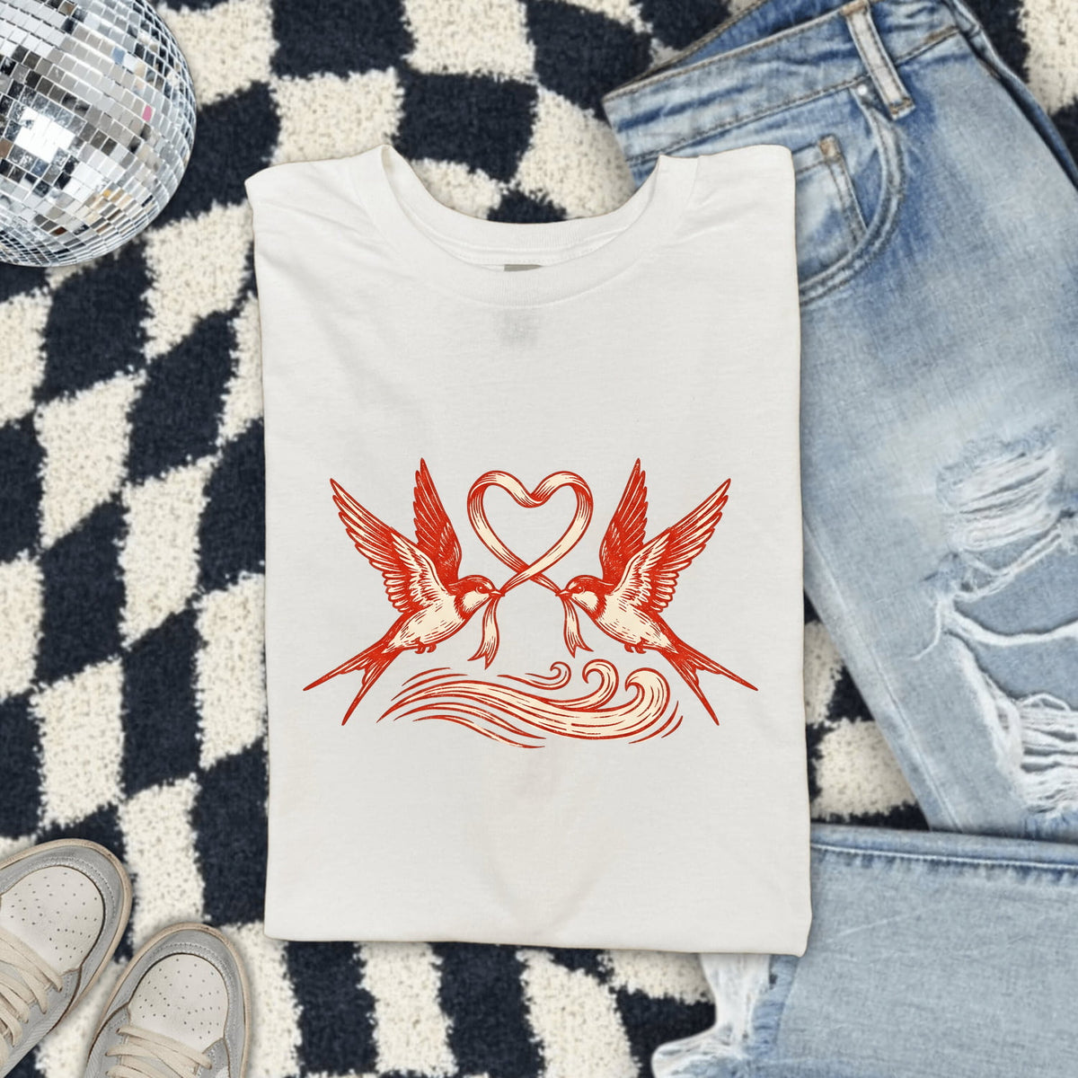 Swallow Bird Shirt, Love Birds Graphic Tee, Romantic Heart Tee