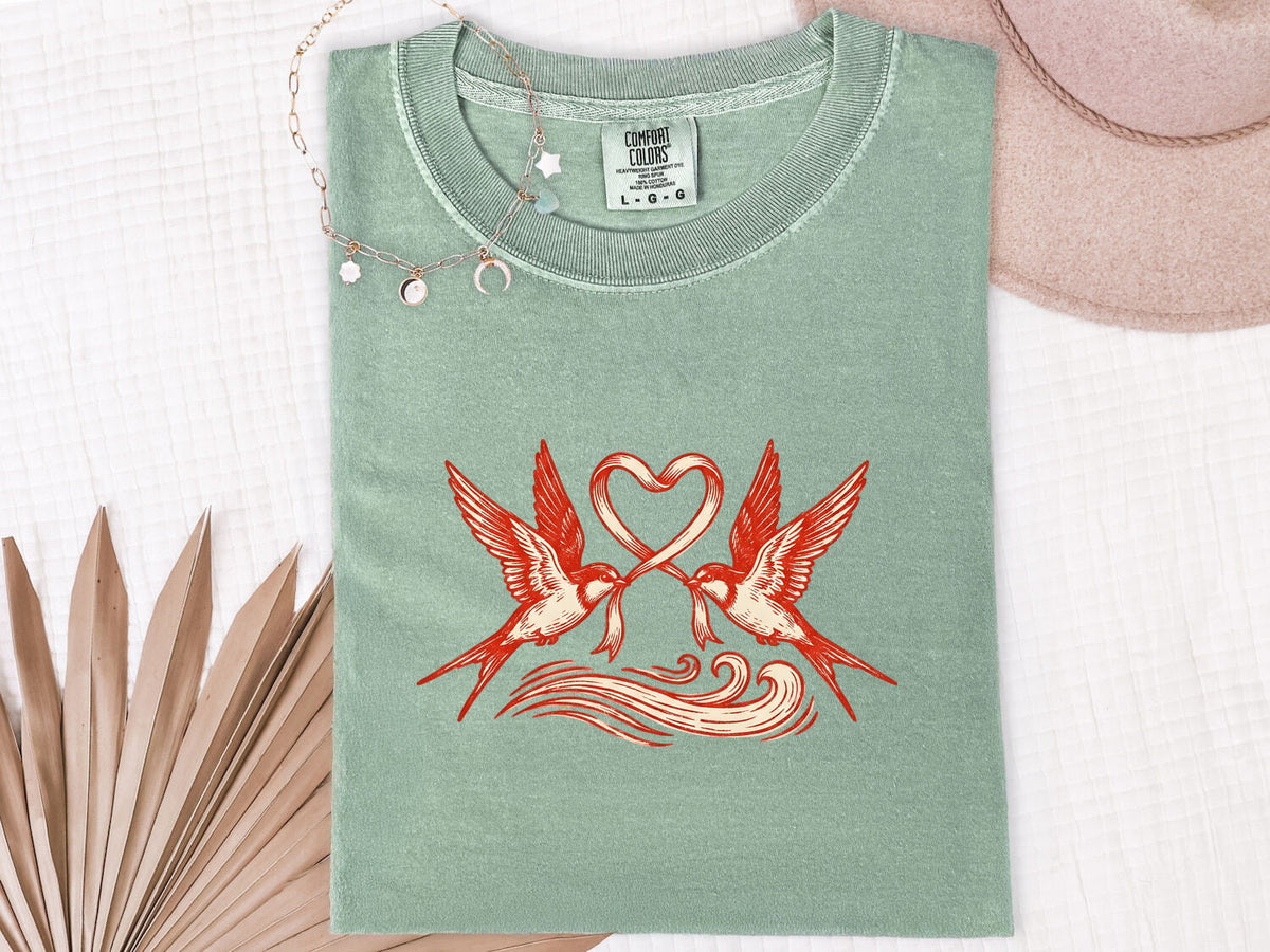 Swallow Bird Shirt, Love Birds Graphic Tee, Romantic Heart Tee