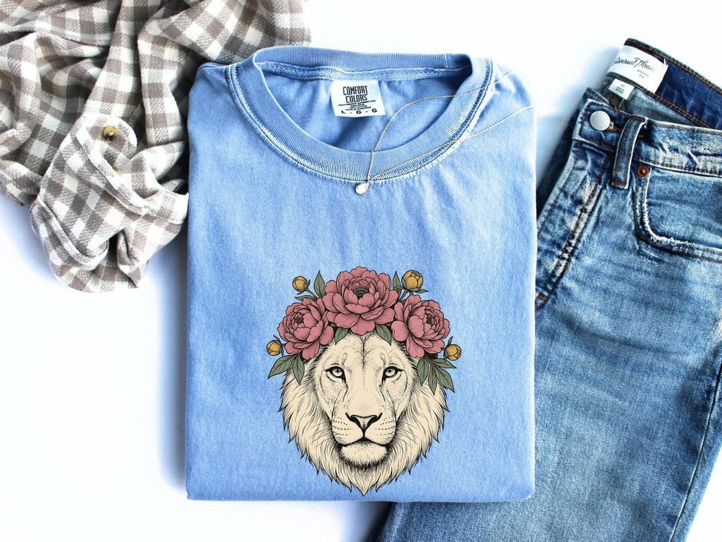 Floral Lion Shirt, Lion with Flower Crown Tee, Feminine Wildlife Tee