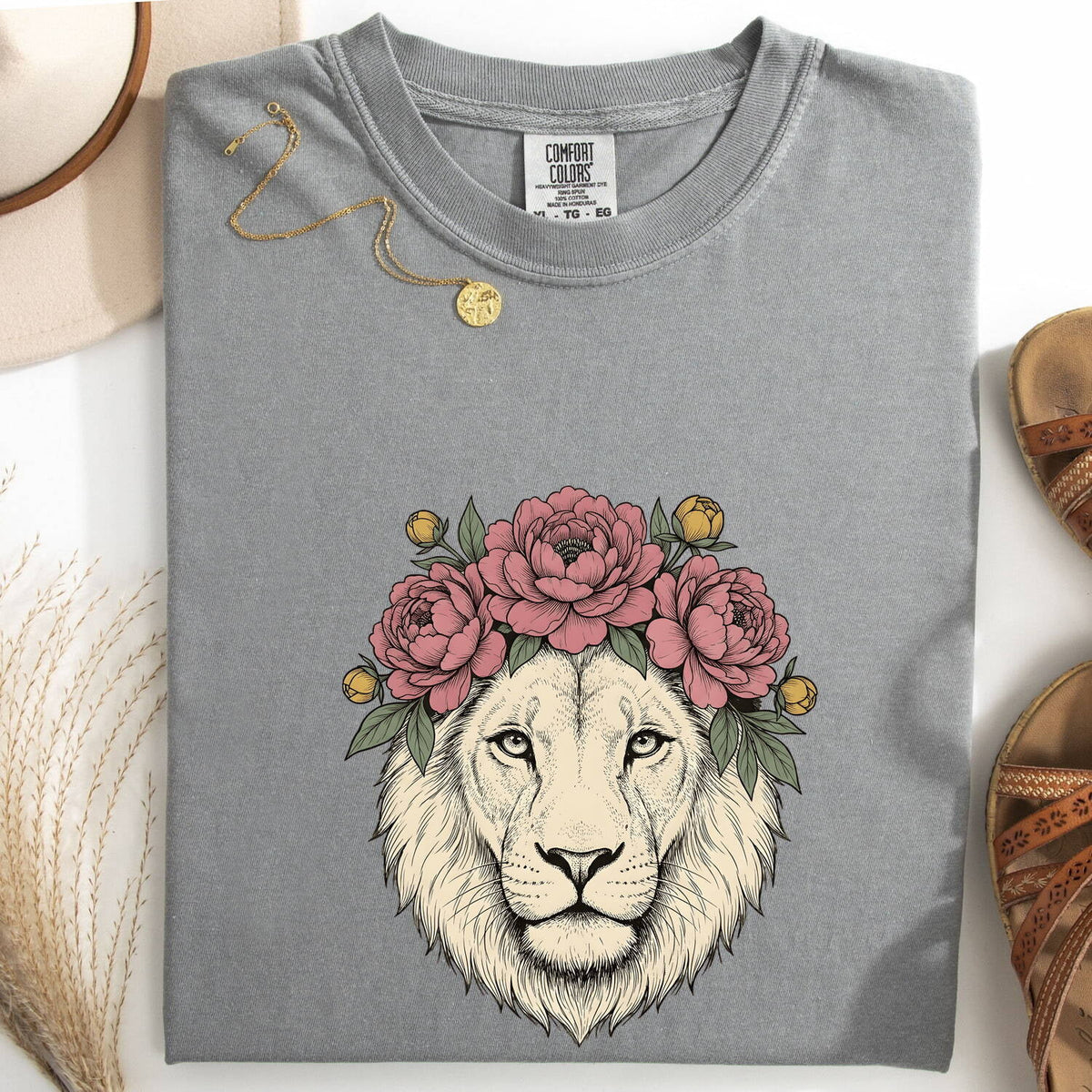 Floral Lion Shirt, Lion with Flower Crown Tee, Feminine Wildlife Tee