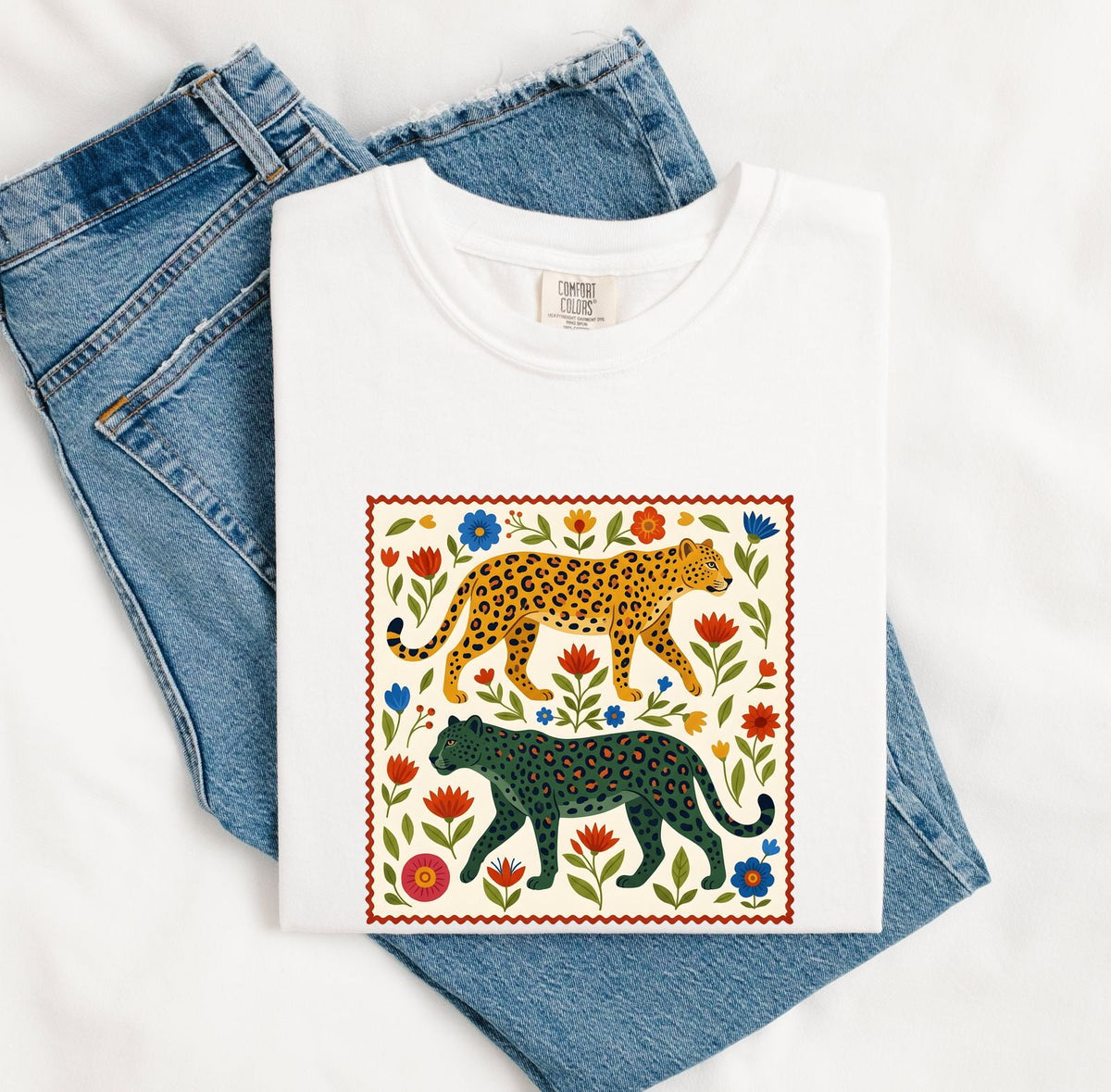 Leopard Floral Shirt, Folk Art Leopard Tee, Boho Animal Graphic Tee