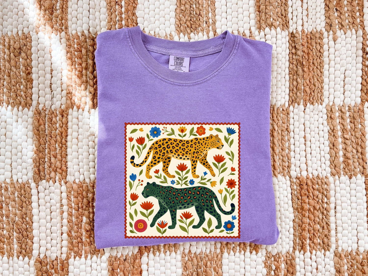 Leopard Floral Shirt, Folk Art Leopard Tee, Boho Animal Graphic Tee