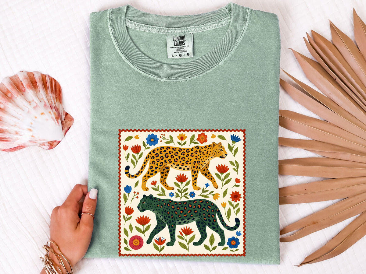 Leopard Floral Shirt, Folk Art Leopard Tee, Boho Animal Graphic Tee