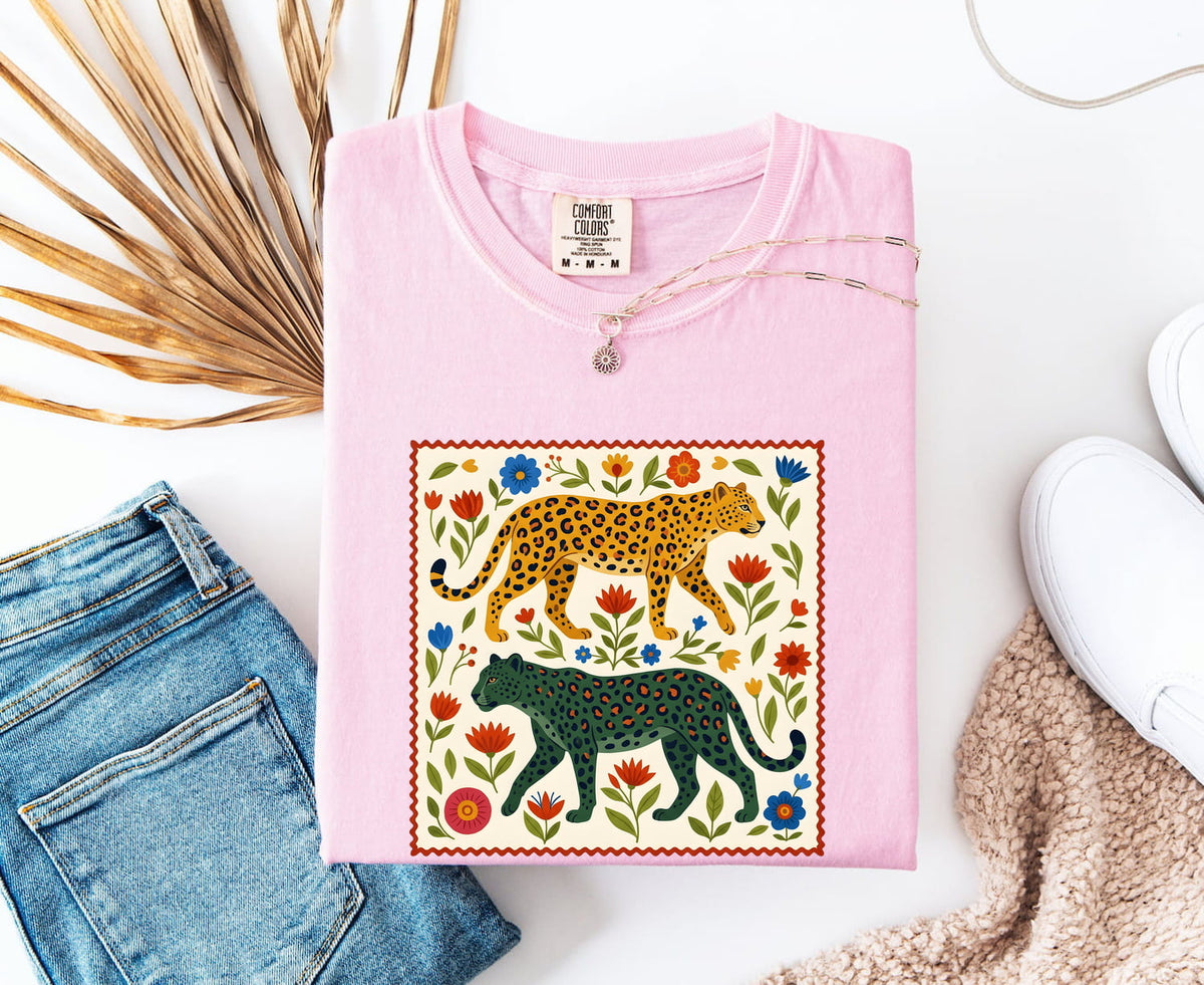 Leopard Floral Shirt, Folk Art Leopard Tee, Boho Animal Graphic Tee