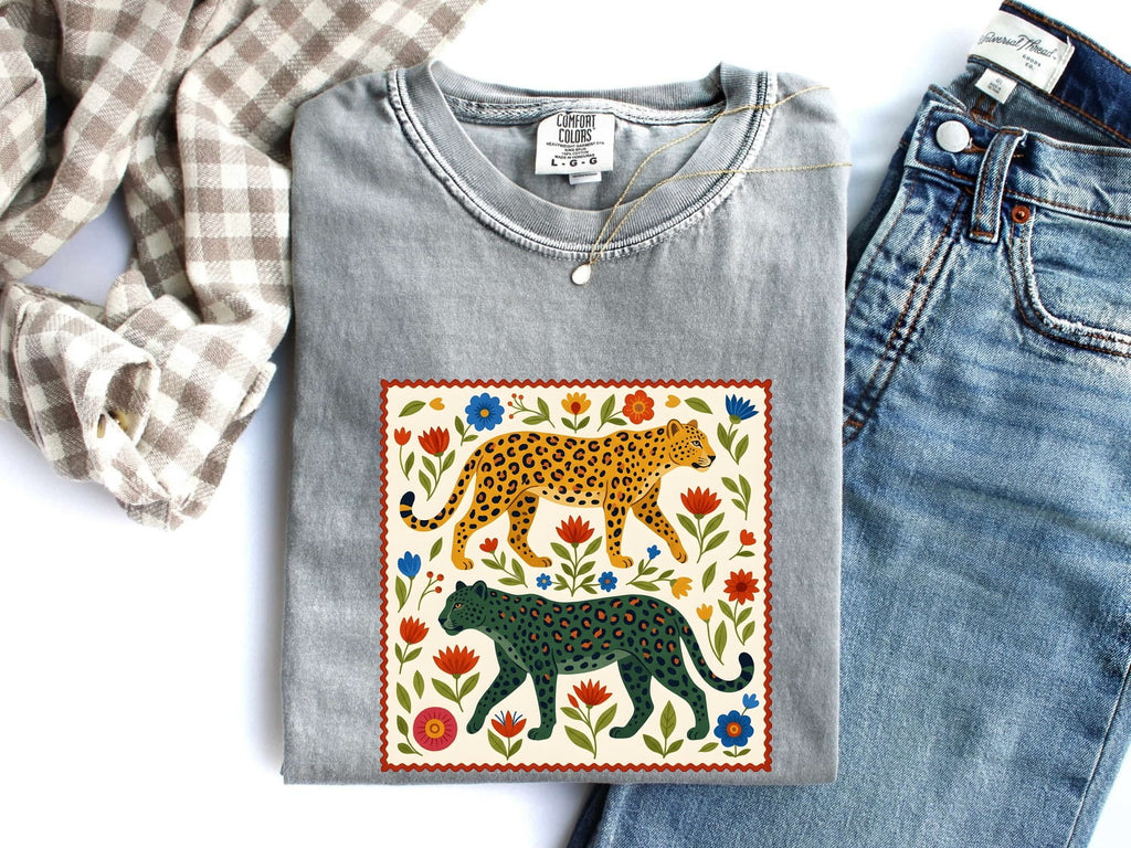 Leopard Floral Shirt, Folk Art Leopard Tee, Boho Animal Graphic Tee