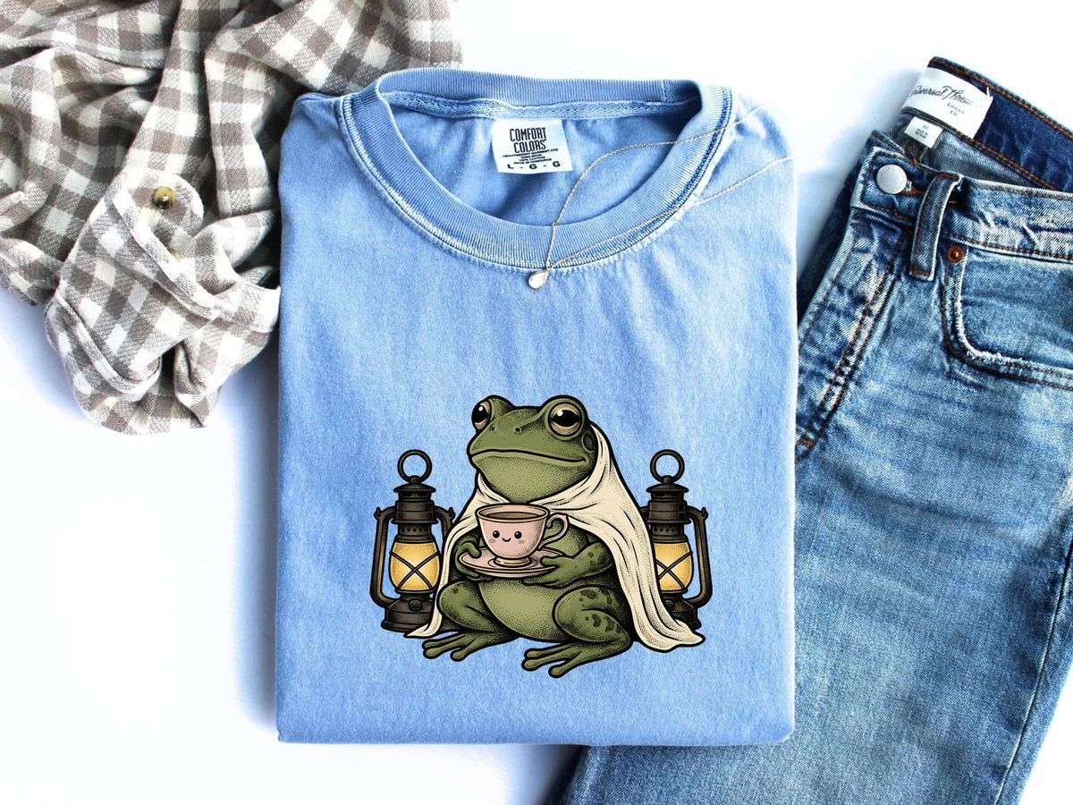 Cozy Frog Shirt, Frog Drinking Coffee Tee, Cottagecore Frog Tee