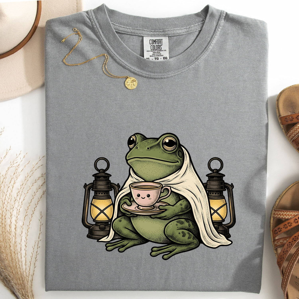 Cozy Frog Shirt, Frog Drinking Coffee Tee, Cottagecore Frog Tee