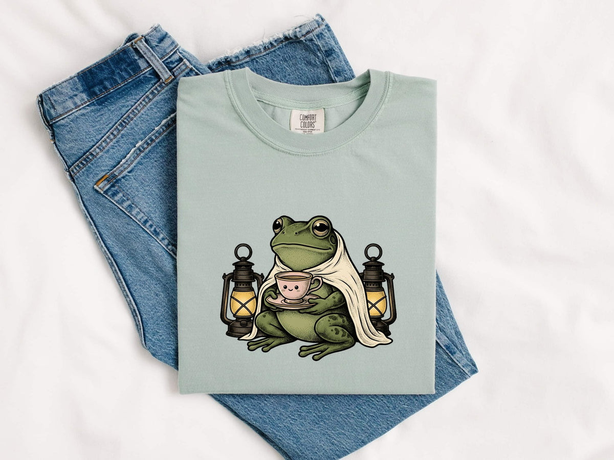 Cozy Frog Shirt, Frog Drinking Coffee Tee, Cottagecore Frog Tee