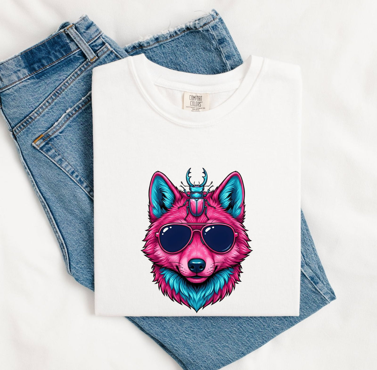 Neon Wolf Shirt, Wolf With Sunglasses Tee, Colorful Animal Graphic Tee