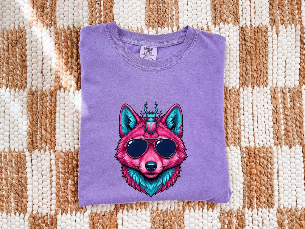 Neon Wolf Shirt, Wolf With Sunglasses Tee, Colorful Animal Graphic Tee