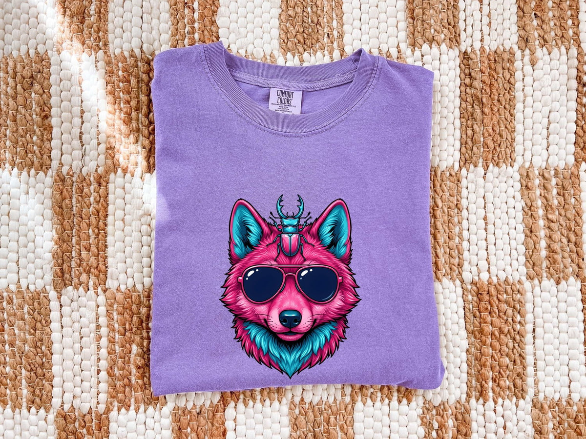 Neon Wolf Shirt, Wolf With Sunglasses Tee, Colorful Animal Graphic Tee